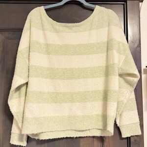 American Eagle Outfitters Off-Shoulder Striped Sweater in Cream and Light Green
